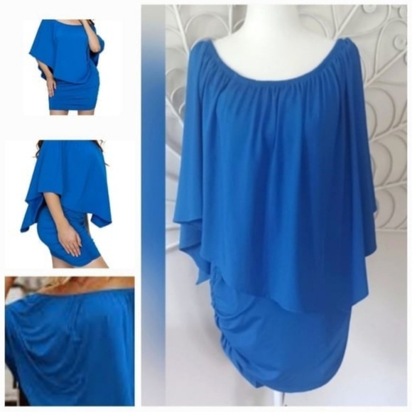 Polyester Off-Shoulder Bodycon Mini Dress, Bodycon Batwing Bkue Dress, (L) - Picture 10 of 10